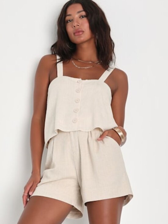 Lulus Pants - Lulus Venice Breeze Beige Linen Belted Paperbag Waist Shorts